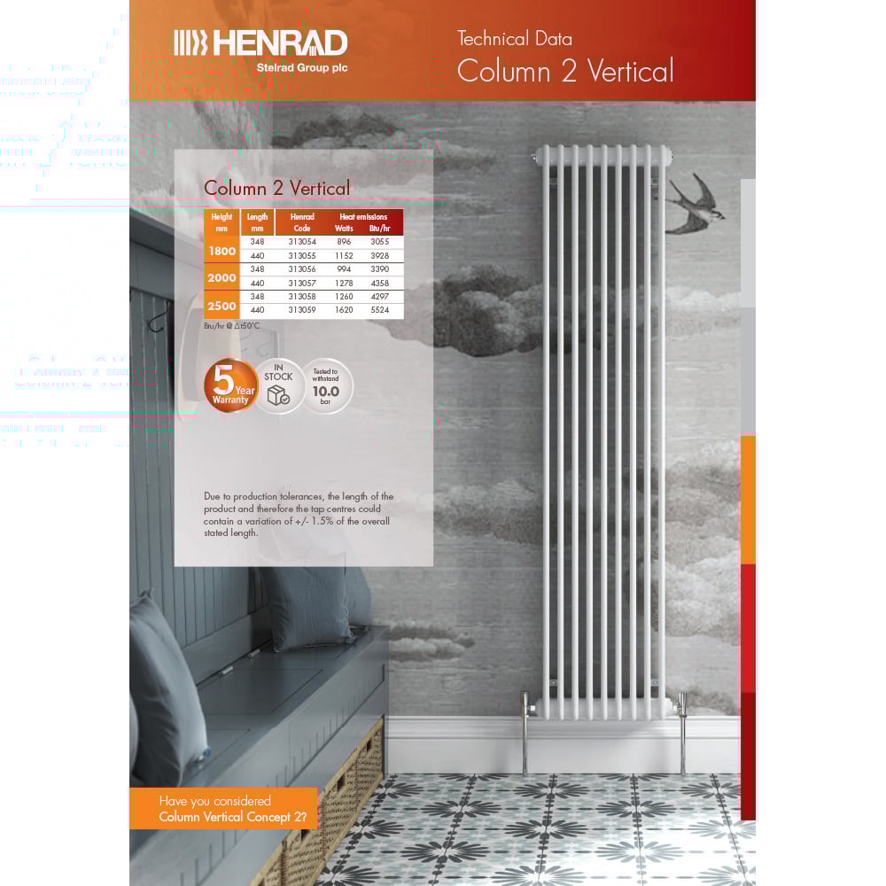 Henrad by Stelrad White 2 Column Vertical Radiator 1800 x 348mm Image 3