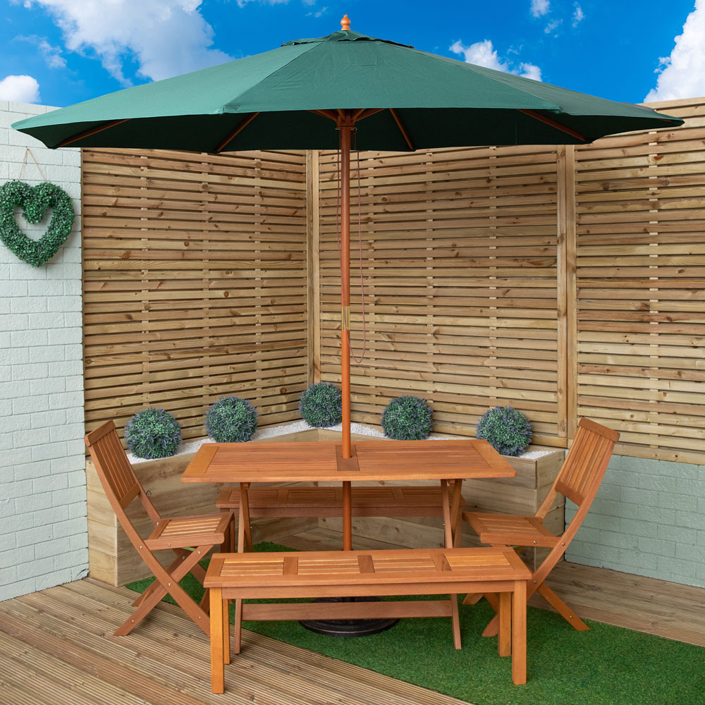 Samuel Alexander 6 Seater Wooden Rectangular Dining Bench Set with Green Parasol and Base Image 1