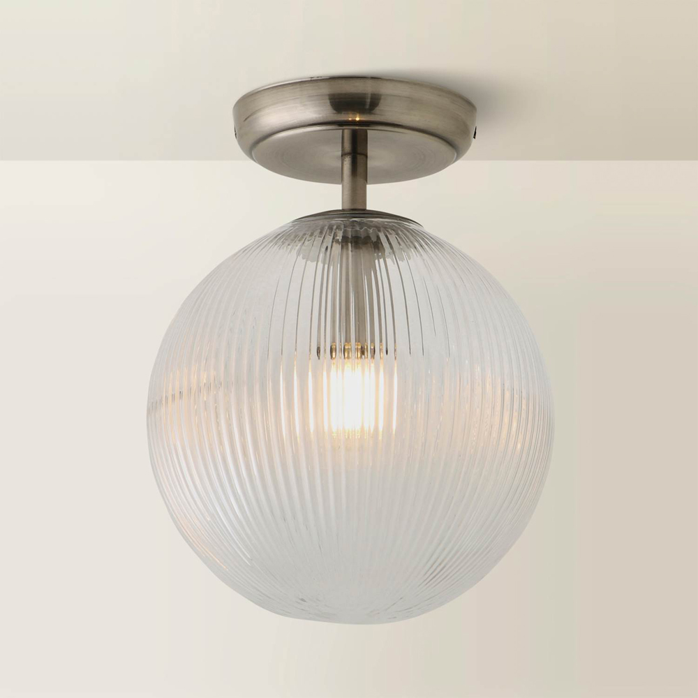 ValueLights Kempton Brushed Chrome Ribbed Globe Shade Flush Ceiling Light with Bulb Image 5