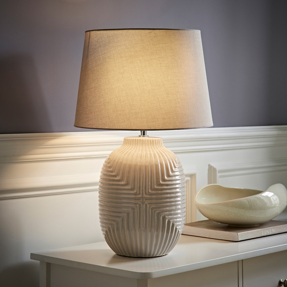 ValueLights Harrison Tapered Shade Grey Geo Ribbed Pattern Gloss Large LED Table Lamp Image 2