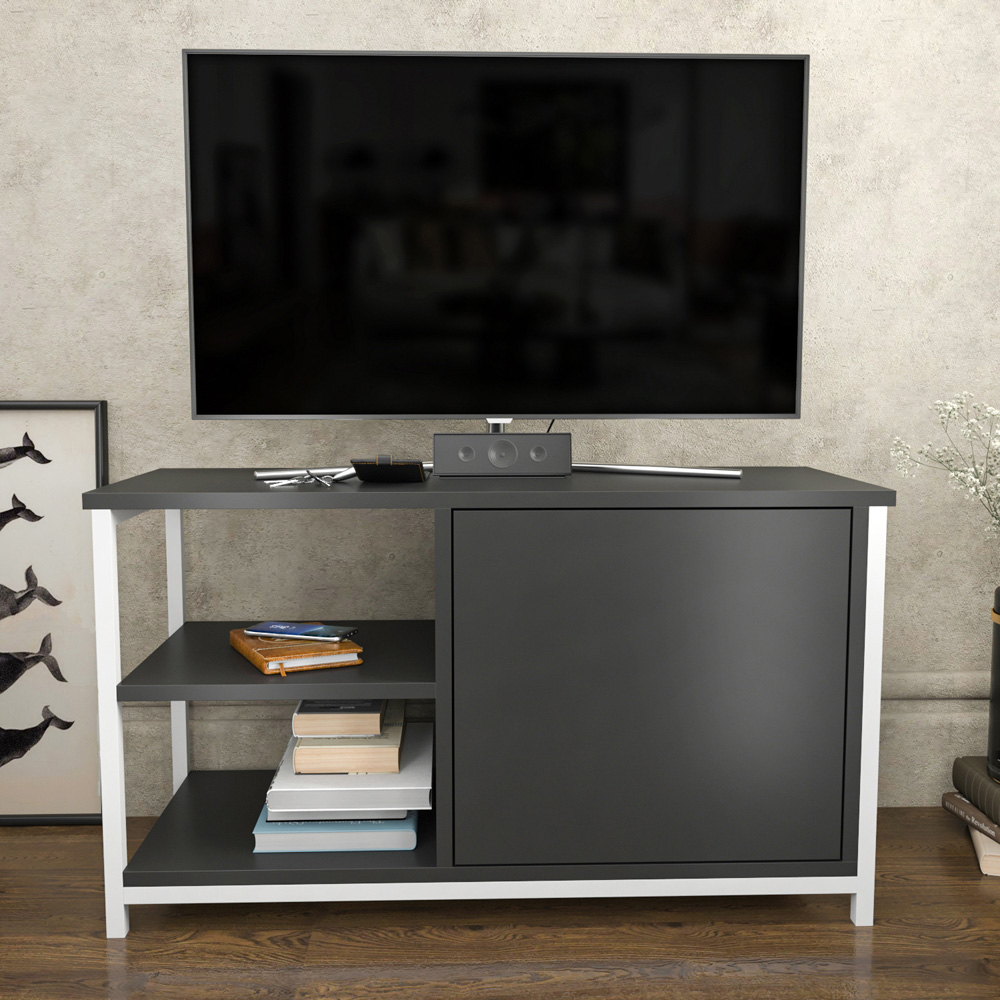 Decorotika Muskegon Single Door and 2 Open Shelf White and Anthracite TV Unit Image 4