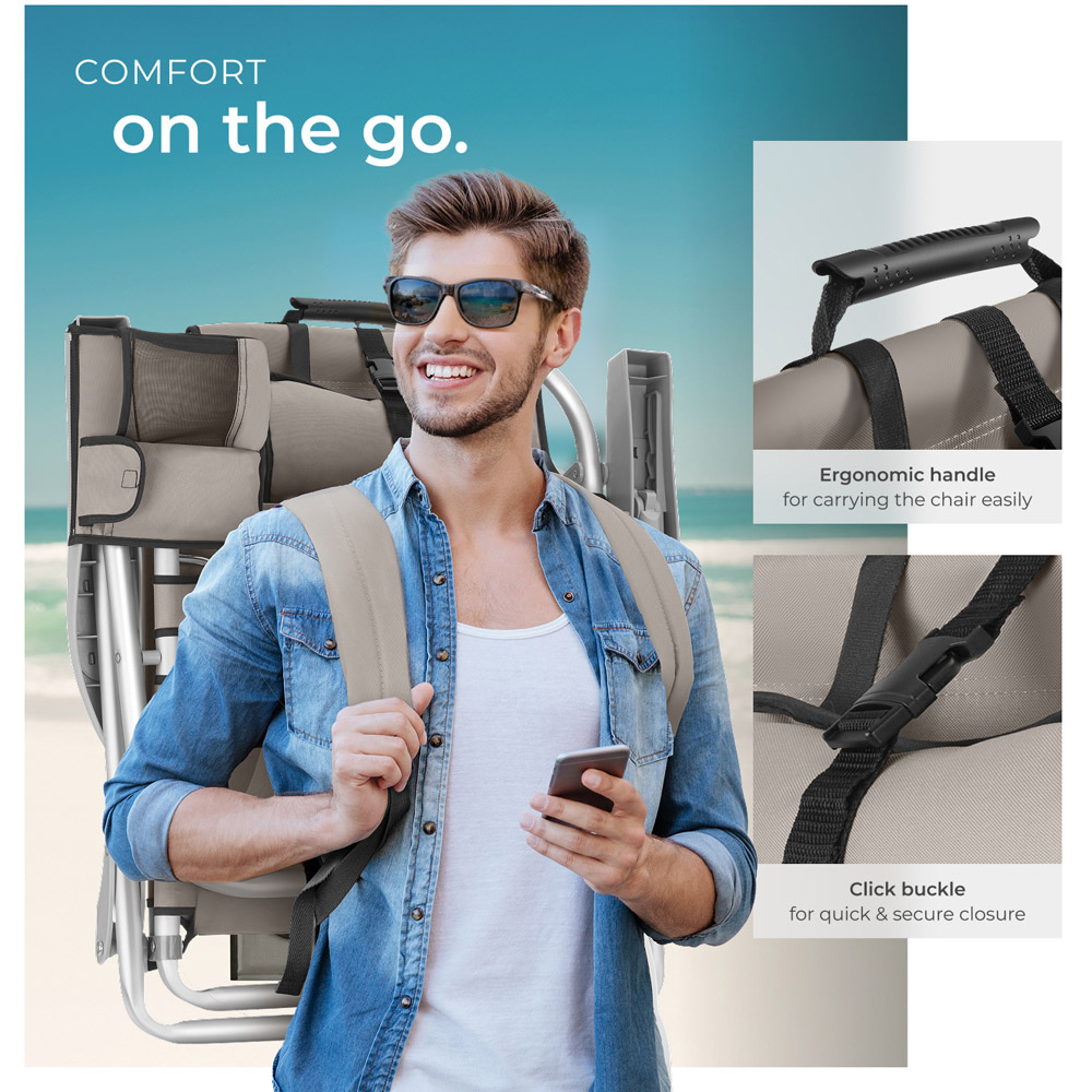 tectake Coral Beige Foldable Beach Chair with Backpack Image 4