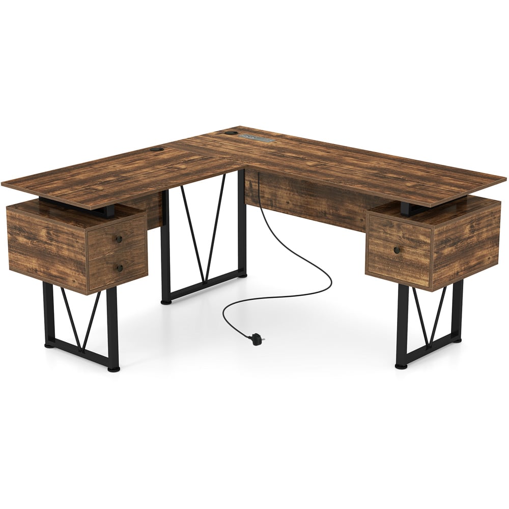 Costway 3 Drawer L Shaped Computer Desk with Power Outlet Rustic Brown Image 2