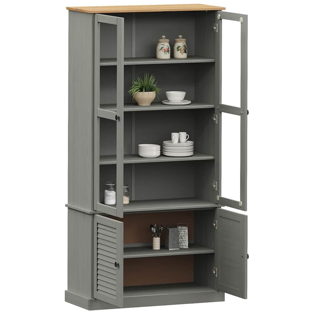 vidaXL 4 Door 4 Shelf Grey Solid Pine Wood Glass Display Cabinet Image 3