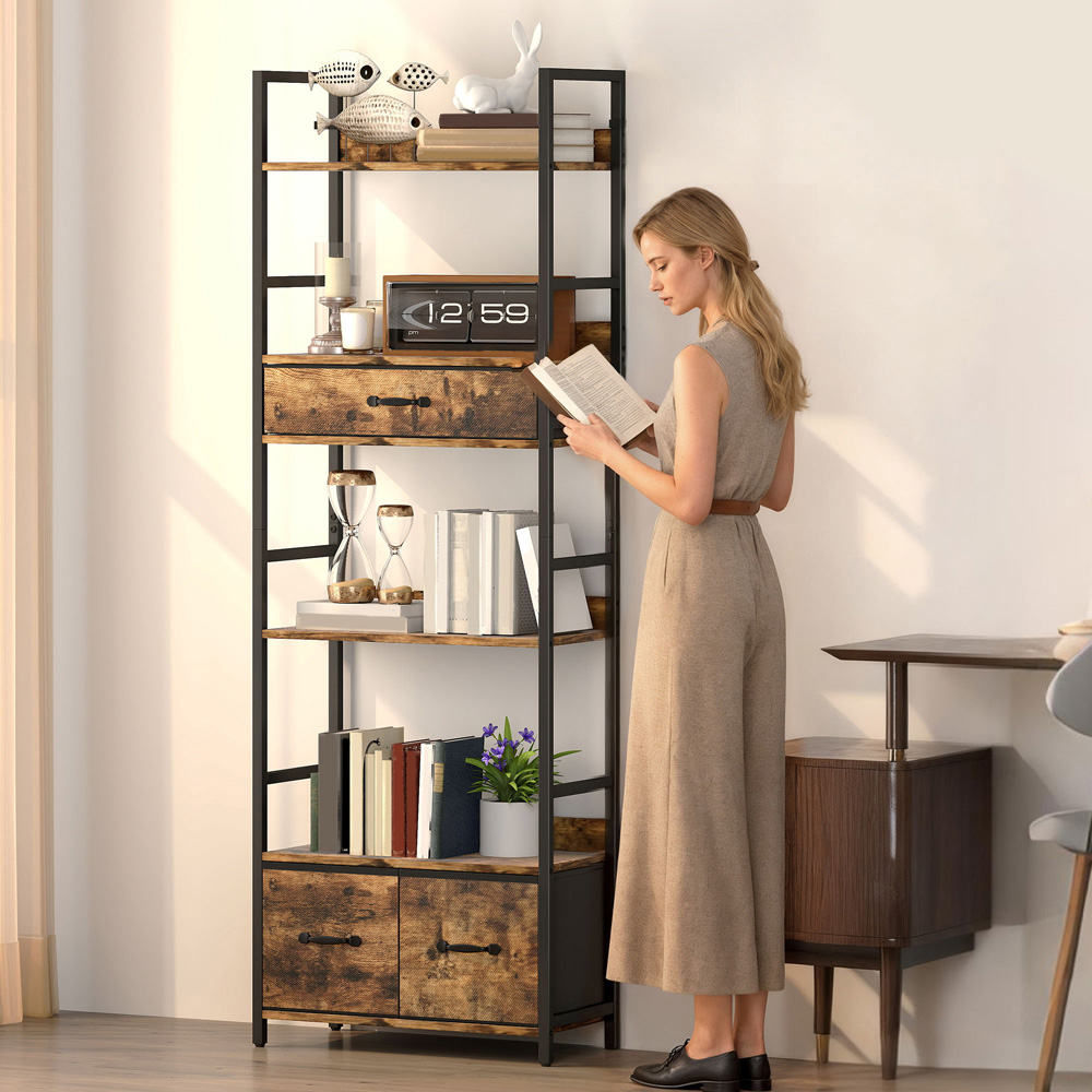 Portland 3 Fabric Drawer and 4 Shelf Rustic Brown Industrial Bookcase Image 5