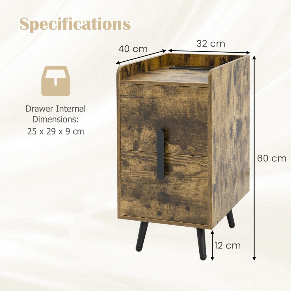 Costway 2 Drawer Single Shelf Rustic Brown Bedside Table Image 9