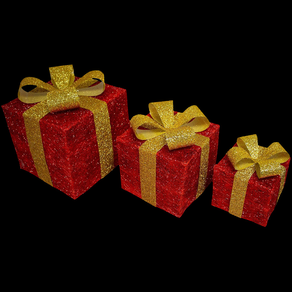 Shatchi Set of 3 Warm White LED Red Tartan Bow Rattan Parcels Image 1