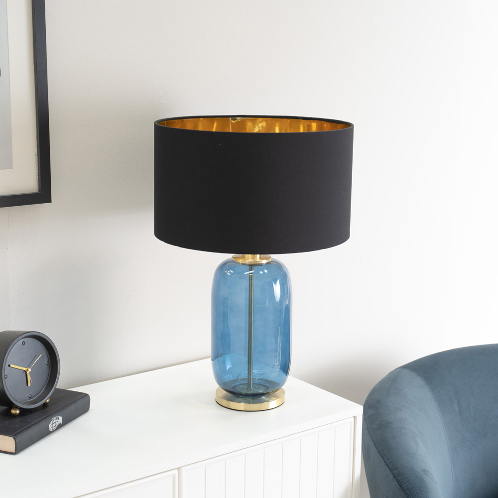 ValueLights Leigh Reni Black Drum Shade Navy Blue Glass LED Table Lamp Image 3