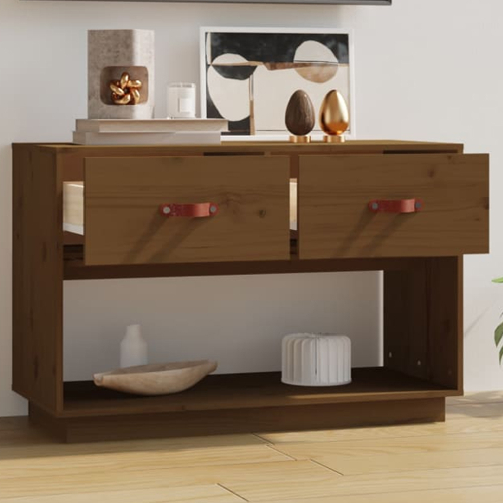 vidaXL 2 Drawer Single Open Shelf Honey Brown Solid Wood Pine TV Cabinet Image 1