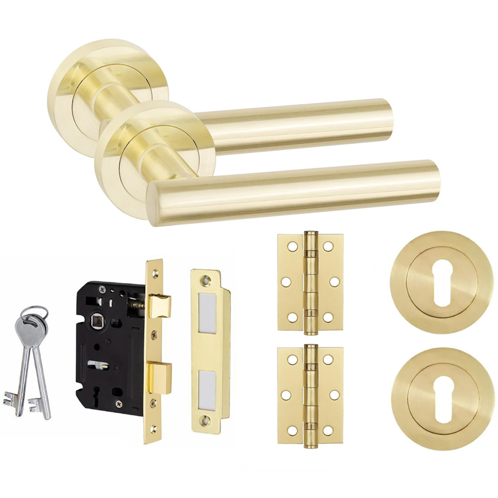 Golden Grace Satin Brass Straight T-Bar Key Lock Door Handle Set Image 1