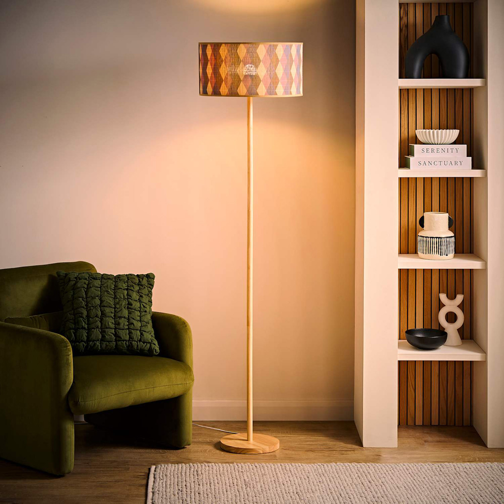 ValueLights Heather Diamond Print Bamboo Drum Shade Light Wood Stem Floor Lamp with Bulb Image 2