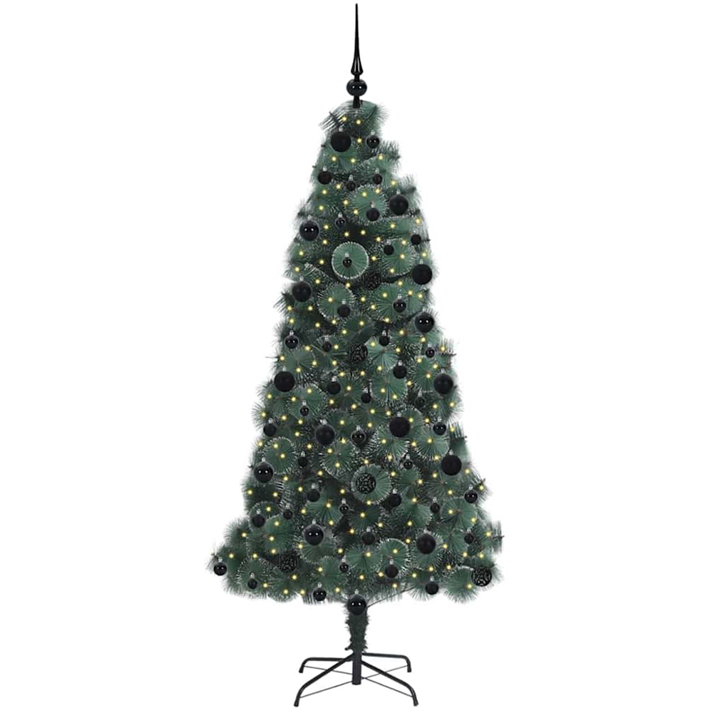 vidaXL Pre-Lit Black Baubles Green Artificial Christmas Tree 7ft Image 1