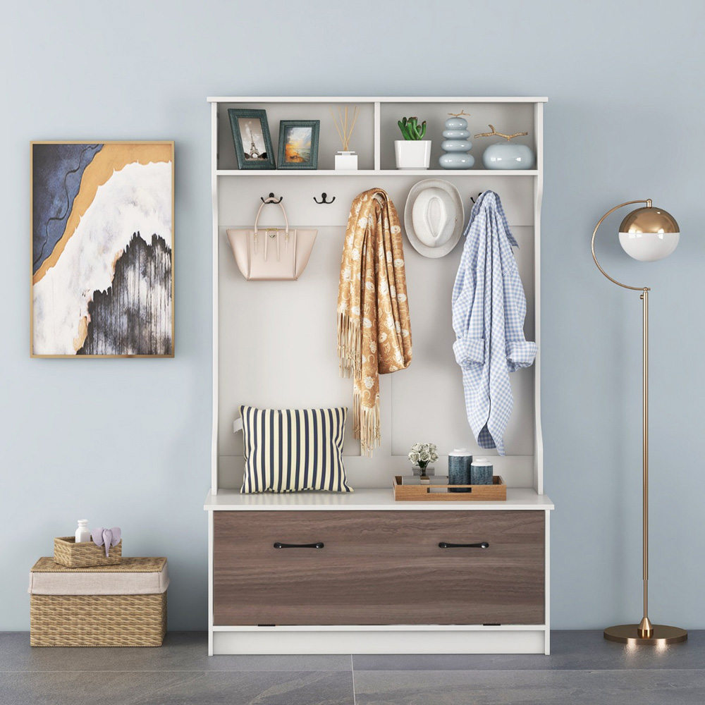 Costway 2 Shelf 5 Double Hook White Freestanding Coat Rack Image 2