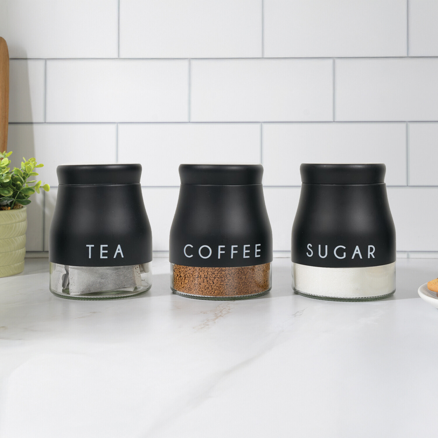 Set of 3 Stainless Steel Canisters Black Image 2