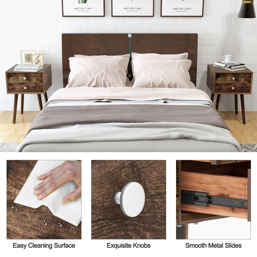 Costway 2 Drawer Rustic Brown Rubber Wood Legs Bedside Table with USB Port Image 8