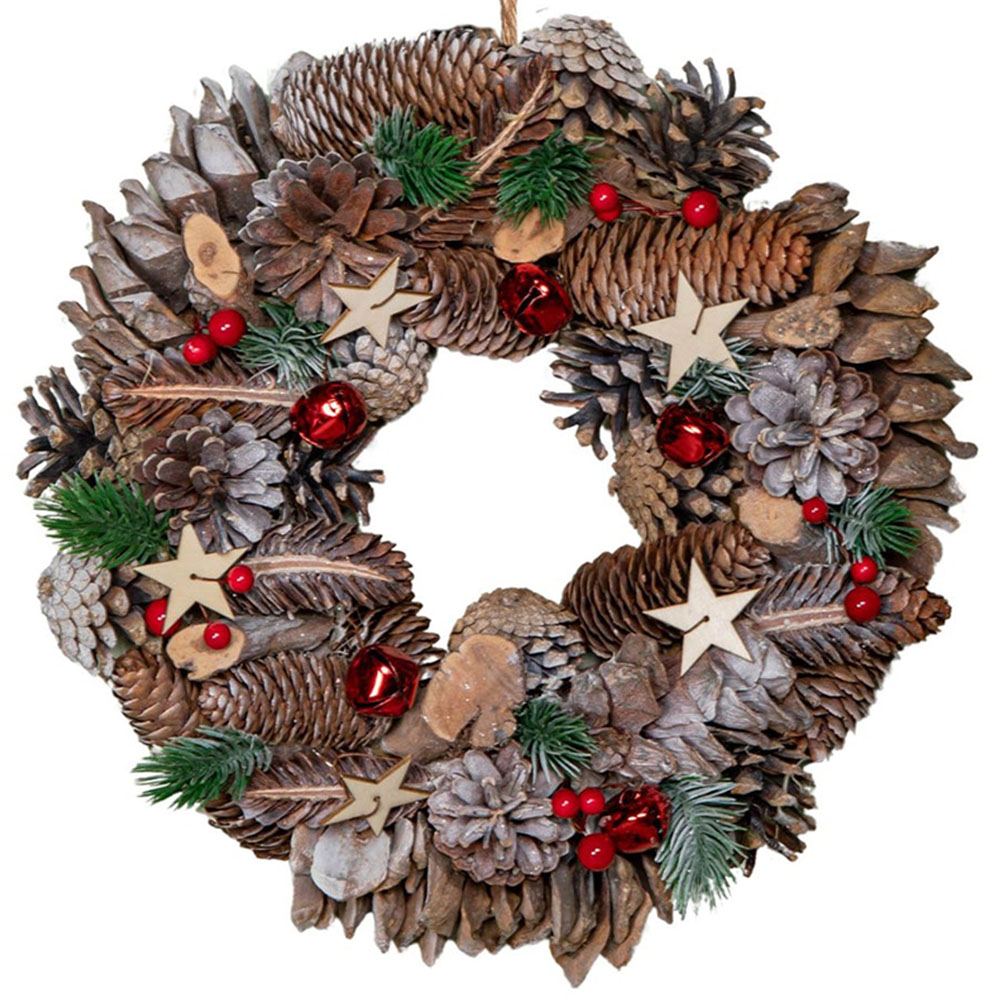 Samuel Alexander Christmas Wreath with Red Jingle Bells Berries and Wooden Stars 30cm Image 1