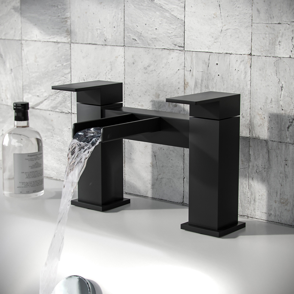 Nes Home Origin Waterfall Matte Black Bath Filler Tap and Basin Mixer Tap with Waste Image 2