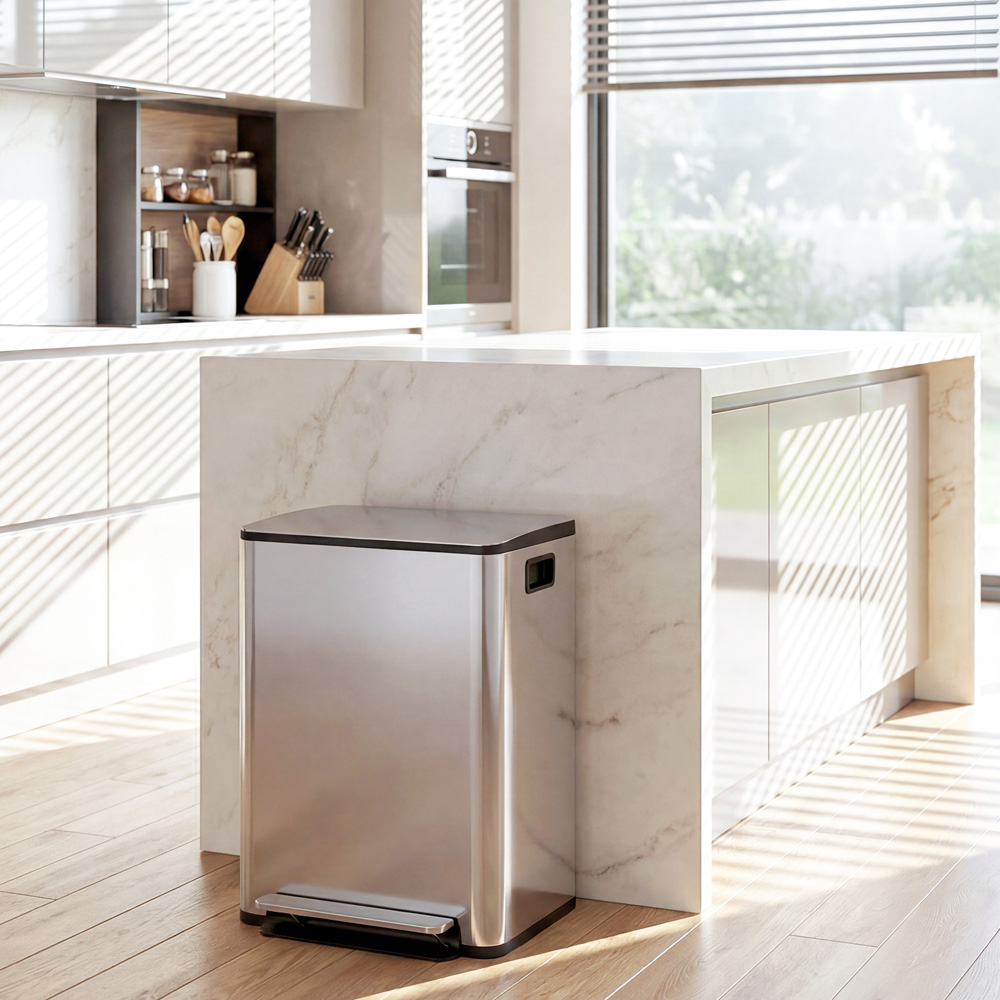 HOMCOM 40L Silver Tone Double Kitchen Pedal Bin with Soft-Close Lid Image 4