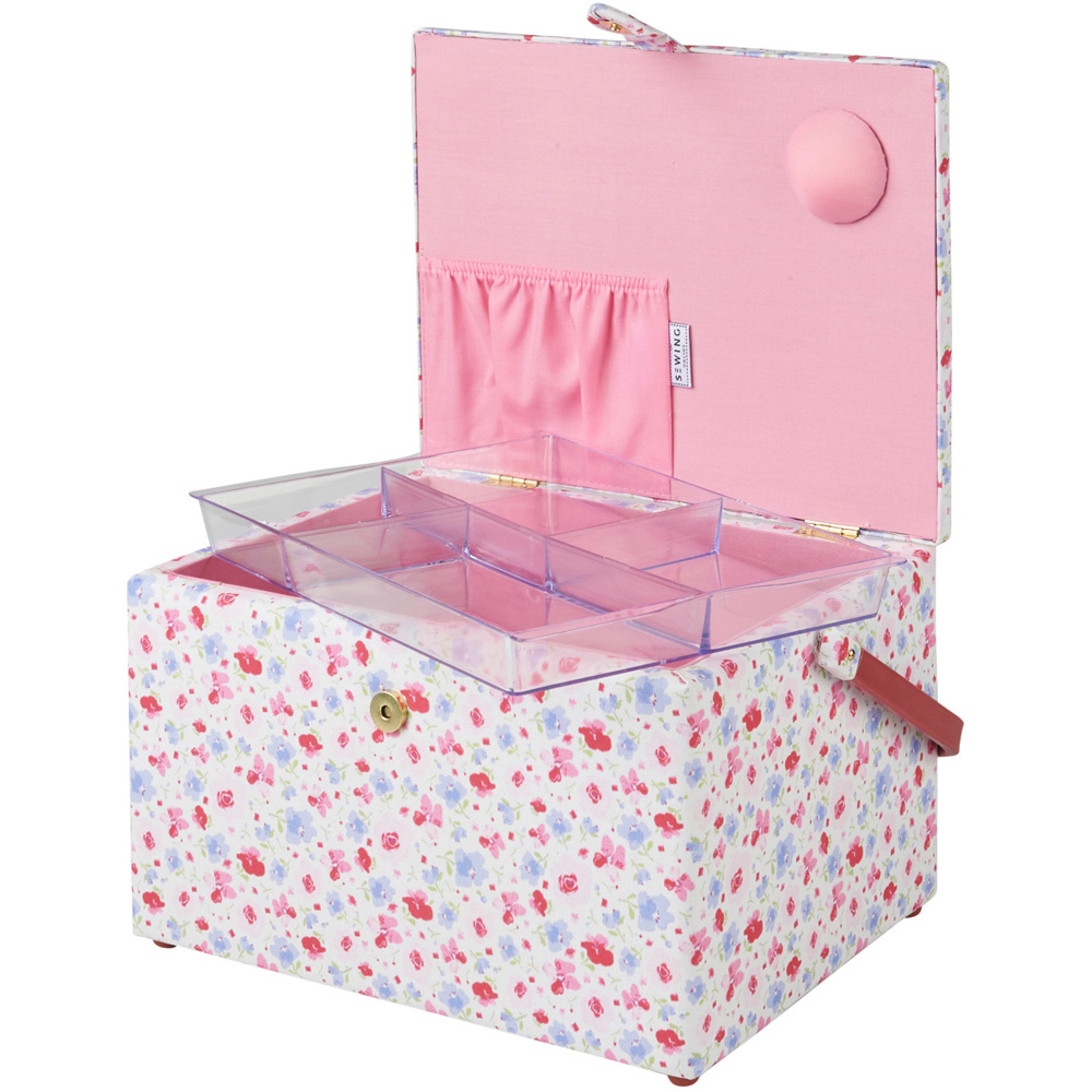 Sewing Online Pink and White Floral Large Sewing Basket with Carry Handle Image 2