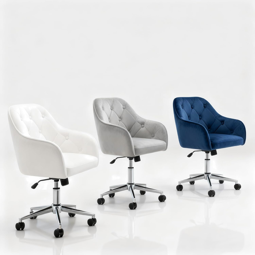 Alivio White Velvet Height Adjustable Swivel Tufted Office Chair with Wheels Image 7