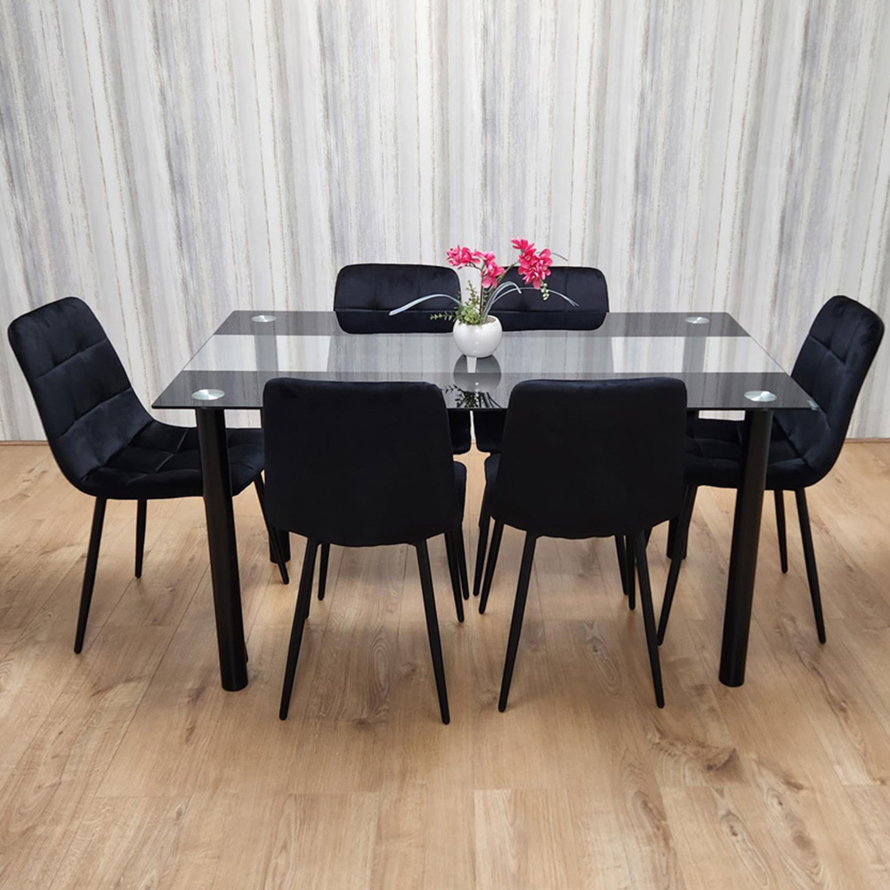 Portland Glass 6 Seater Velvet Dining Set Black Image 1