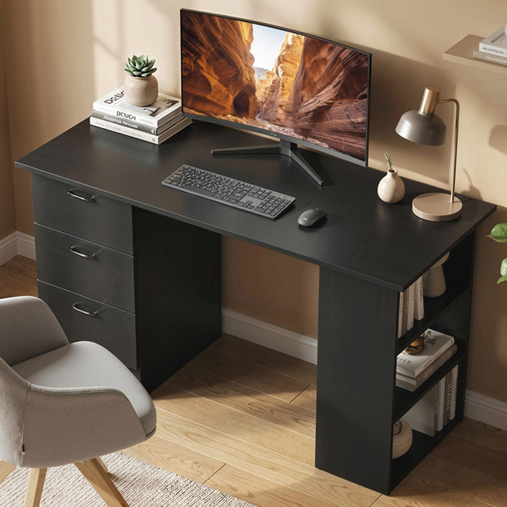 Portland 3 Drawer 3 Shelf Customisable Computer Desk Black Image 1