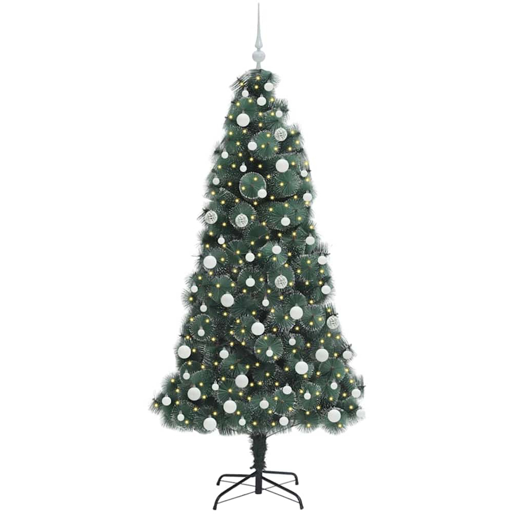 vidaXL Pre-Lit White Baubles Green Artificial Christmas Tree 6ft Image 1