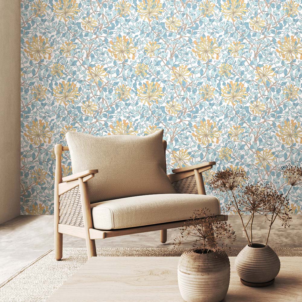 Hoopla Walls Honeysuckle Leaf Trail Soft Blue Non Woven Wallpaper Image 2