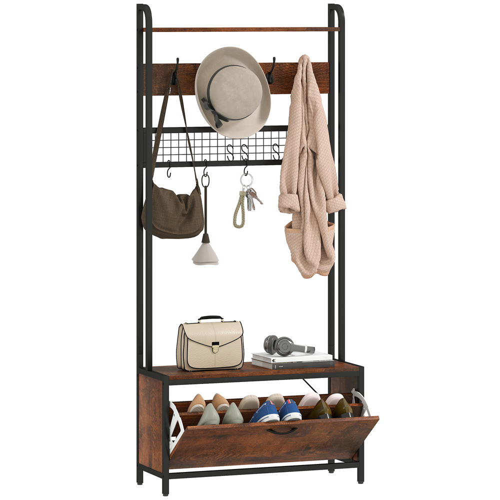 HOMCOM Single Flip Out Drawer 2 Shelf Rustic Brown Industrial Hall Tree Coat Stand Image 1