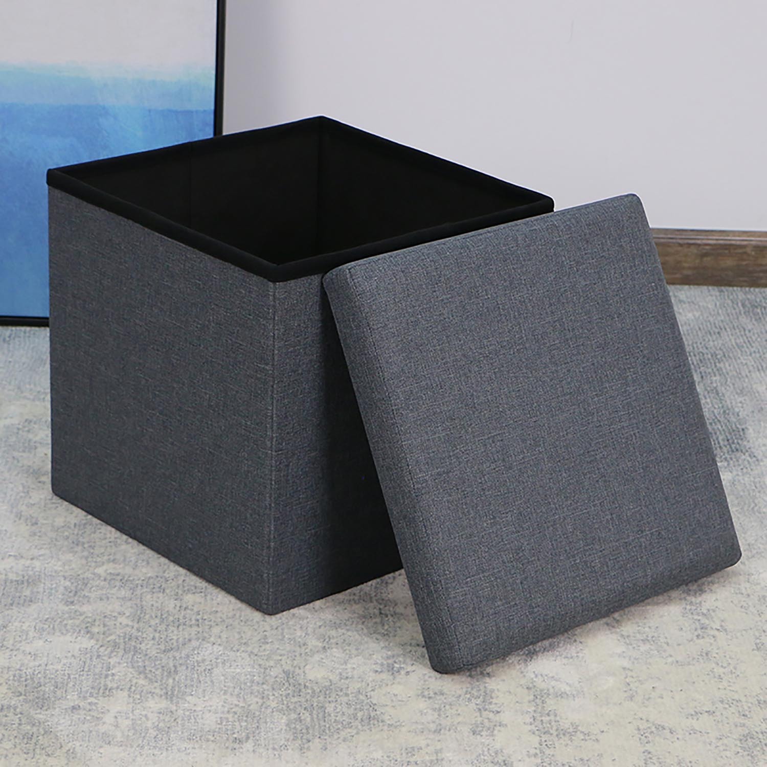 Grey Seville Linen Cube Ottoman Storage Box Image 2