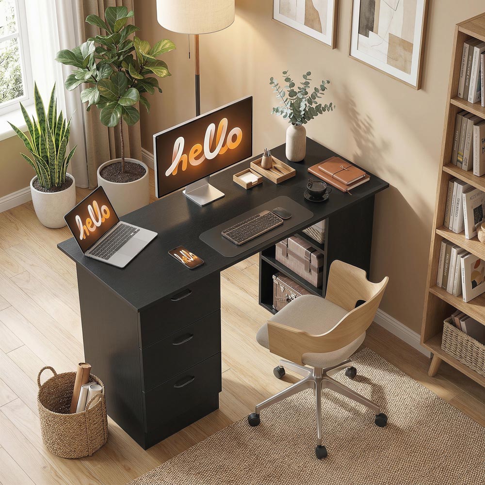 Portland 3 Drawer 3 Shelf Customisable Computer Desk Black Image 5