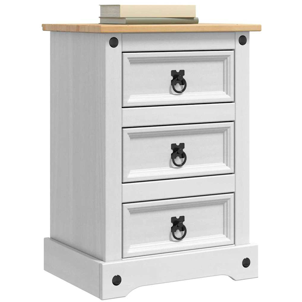 vidaXL Corona 3 Drawer White Solid Pine Wood Wide Bedside Table Image 3