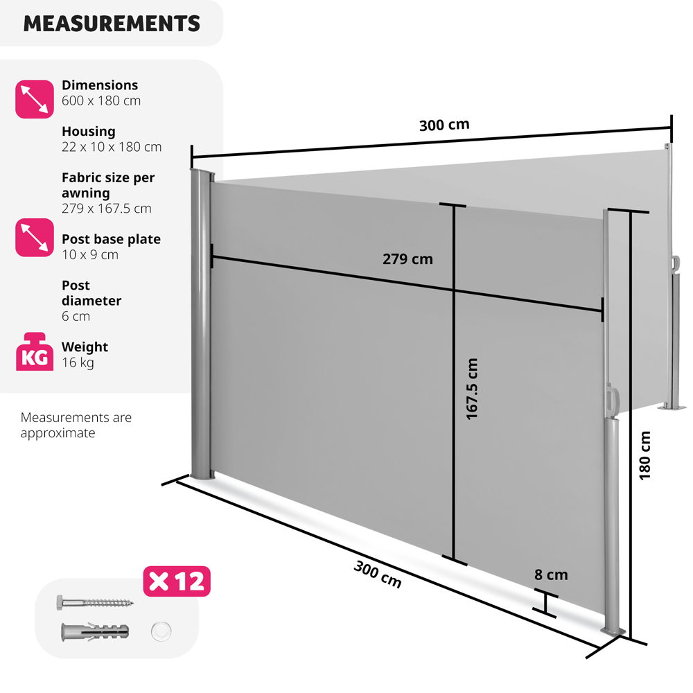 tectake Grey Double Sided Retractable Side Awning 1.8 x 6m Image 9