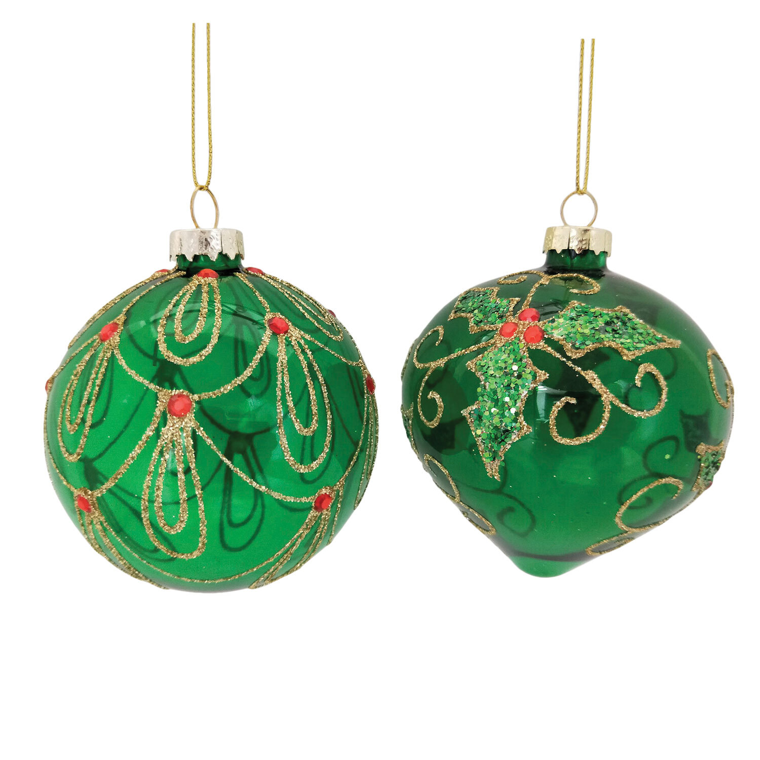 Green Jewelled Glitter Glass Bauble - Green Image