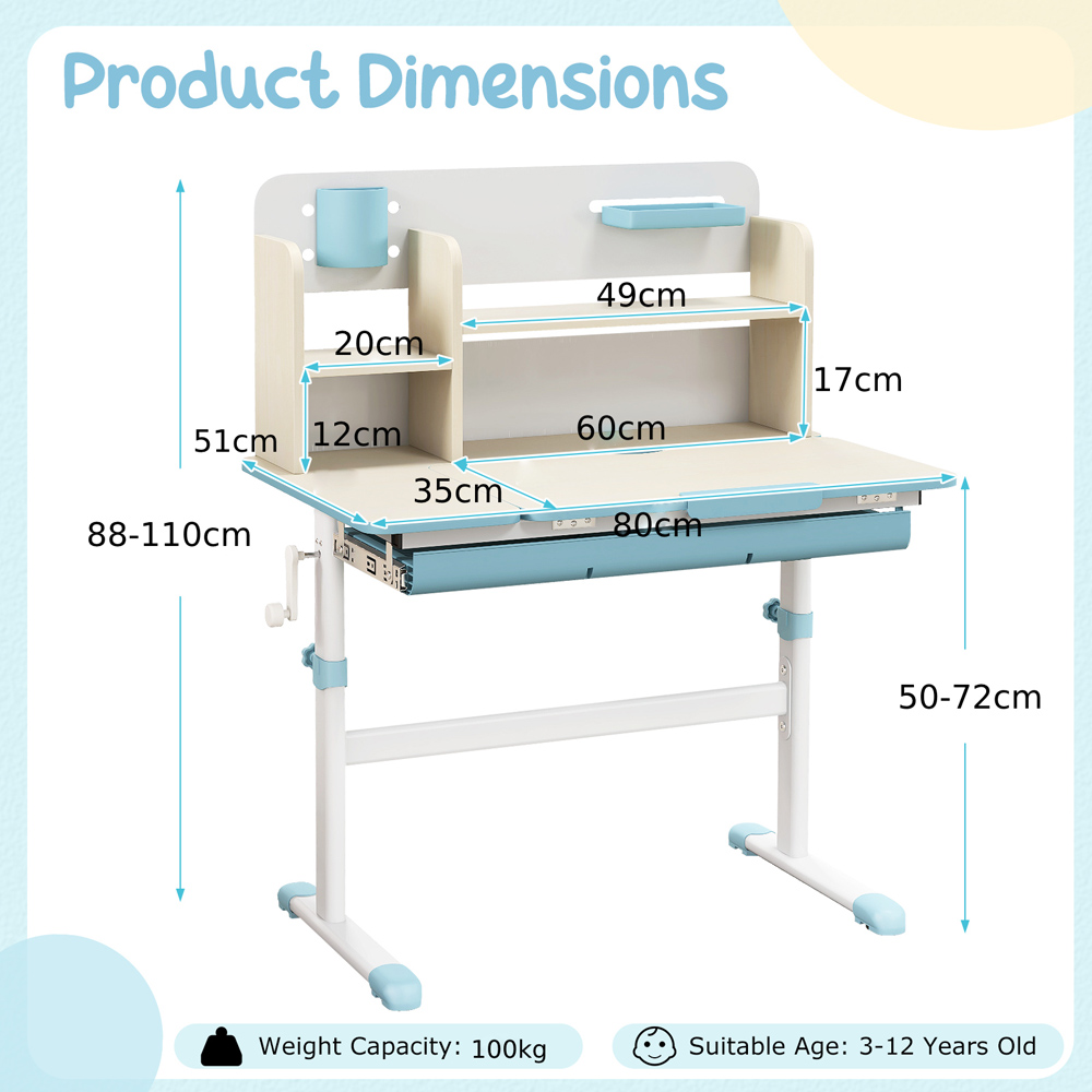 Costway Kids Single Drawer 4 Shelf Adjustable Tilted Desk Blue Image 9