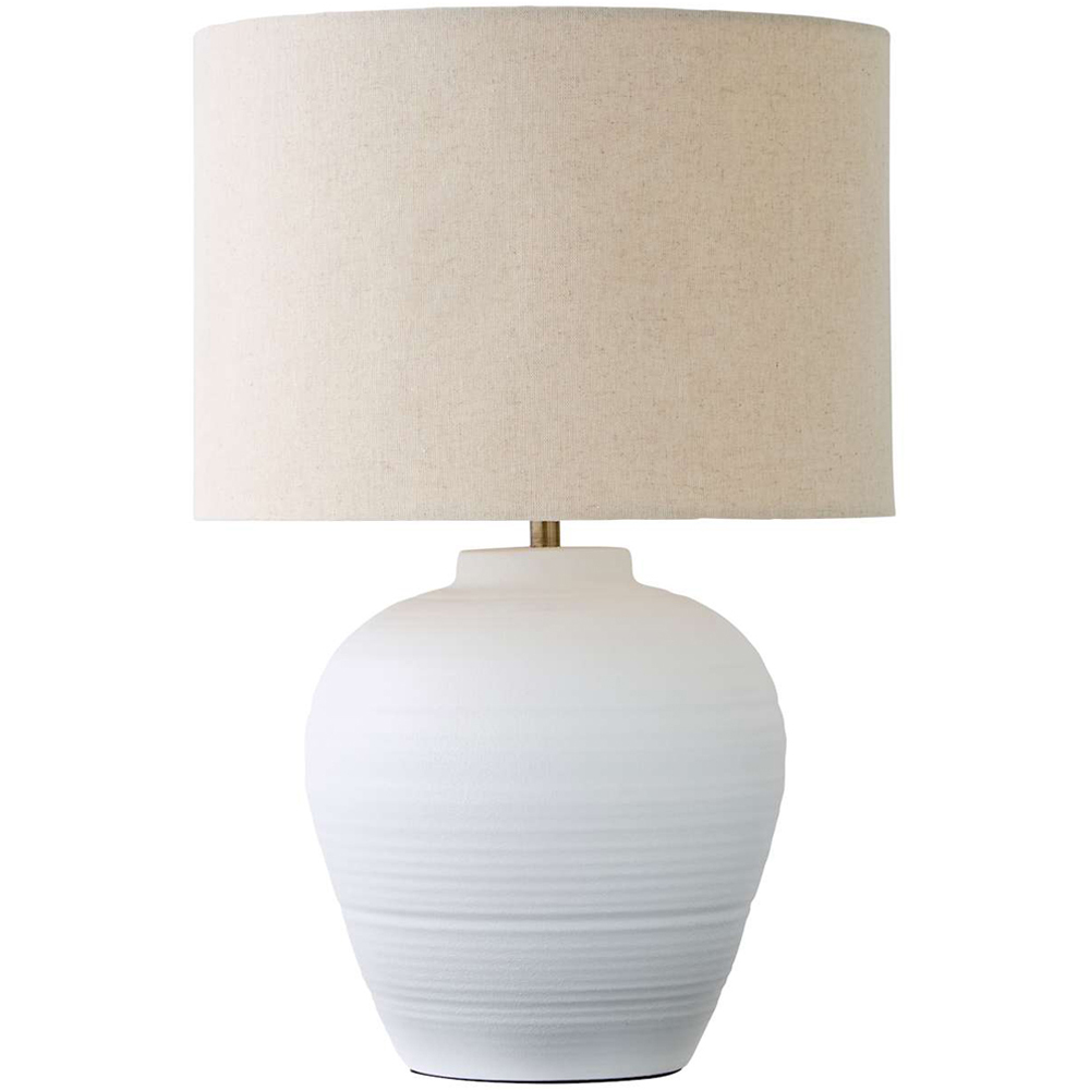 ValueLights Reid Linen Drum Shade White Ribbed Ceramic Large Table Lamp with Bulb Image 1