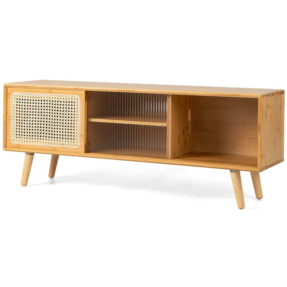 Costway 2 Door 2 Shelf Natural Bamboo TV Unit Image 2