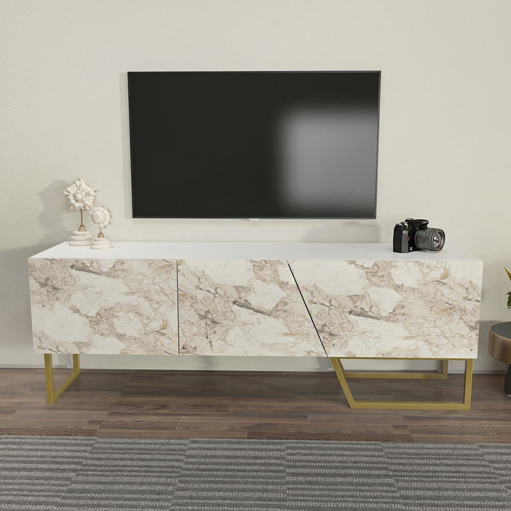 Decorotika Parla 3 Door White Marble and Gold TV Unit Image 7