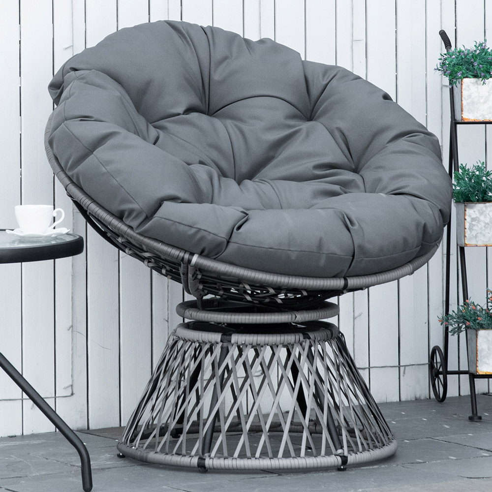 Outsunny Grey 360° Swivel Rattan Chair with Padded Cushion Image 1