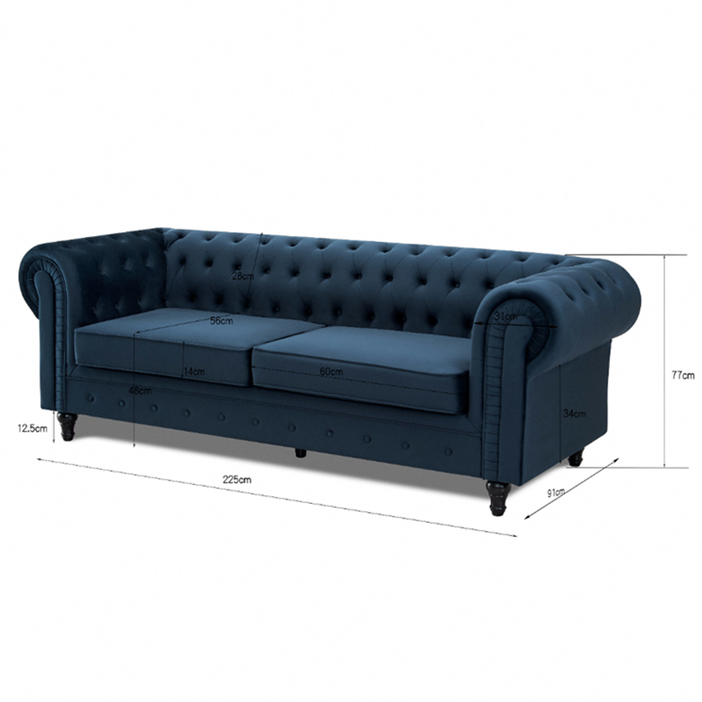 Home Detail Chesterfield 3 Seater Pleat Midnight Blue Velvet Sofa Image 9