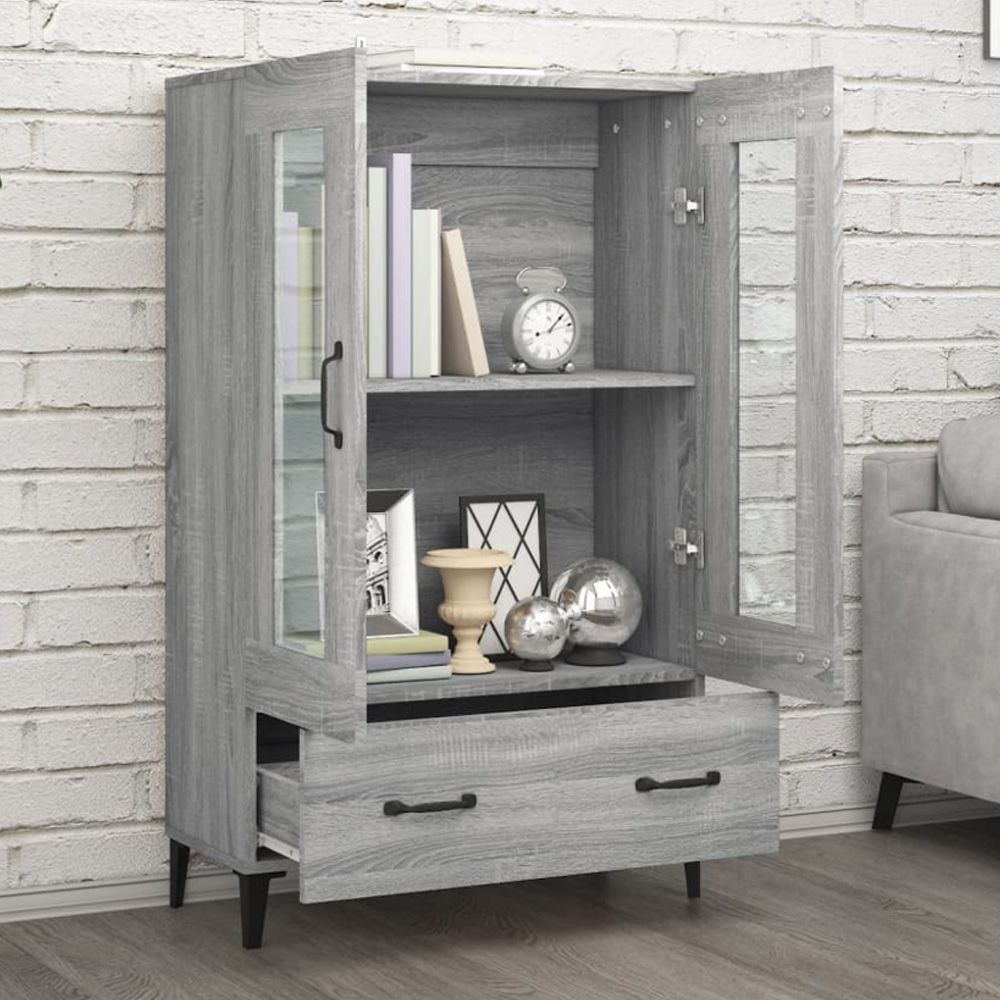 vidaXL 2 Glass Door Single Drawer Grey Sonoma Highboard Image 1