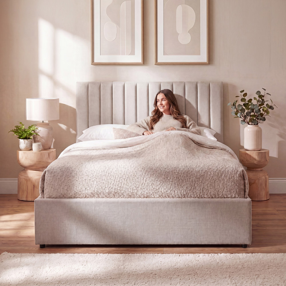 VIDA DESIGNS Vellaro King Size Beige Linen Fabric Ottoman Bed with Headboard Image 3