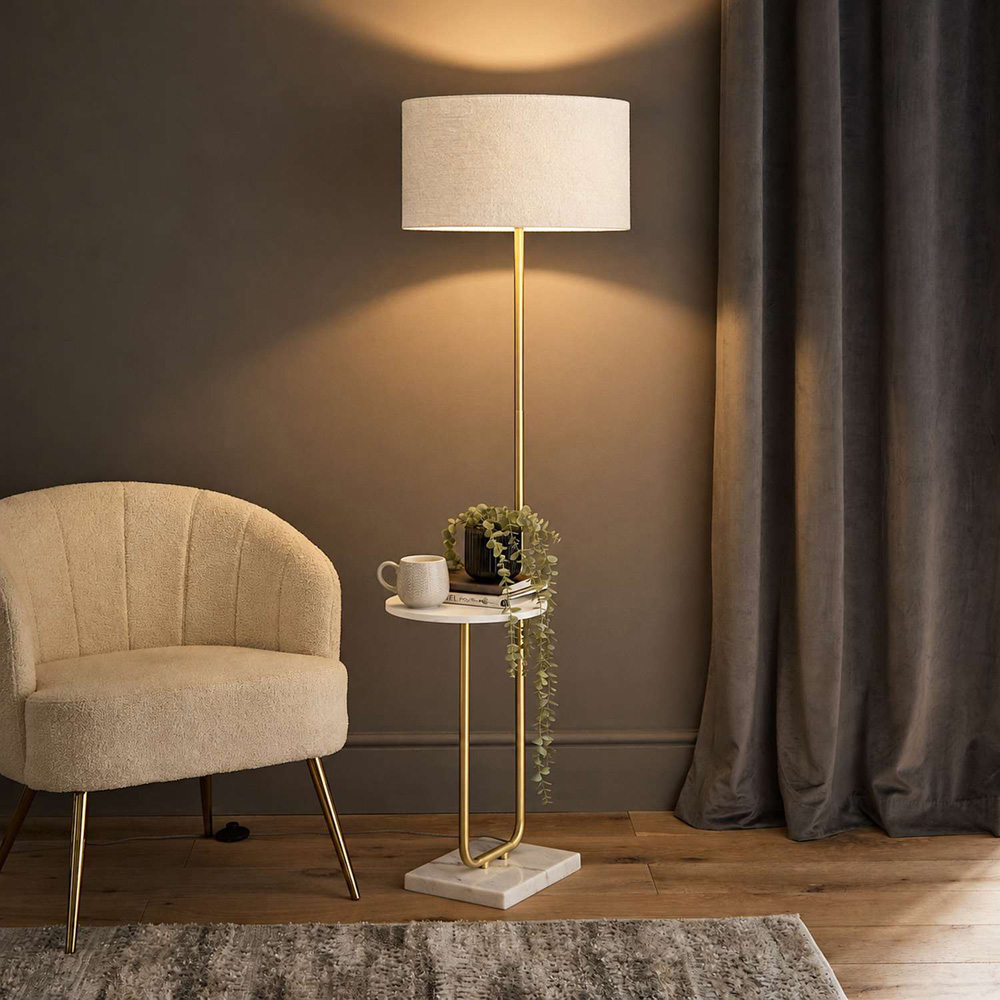 ValueLights Tavel Cream Boucle Fabric Shade Gold Shelf Floor Lamp with Bulb Image 4