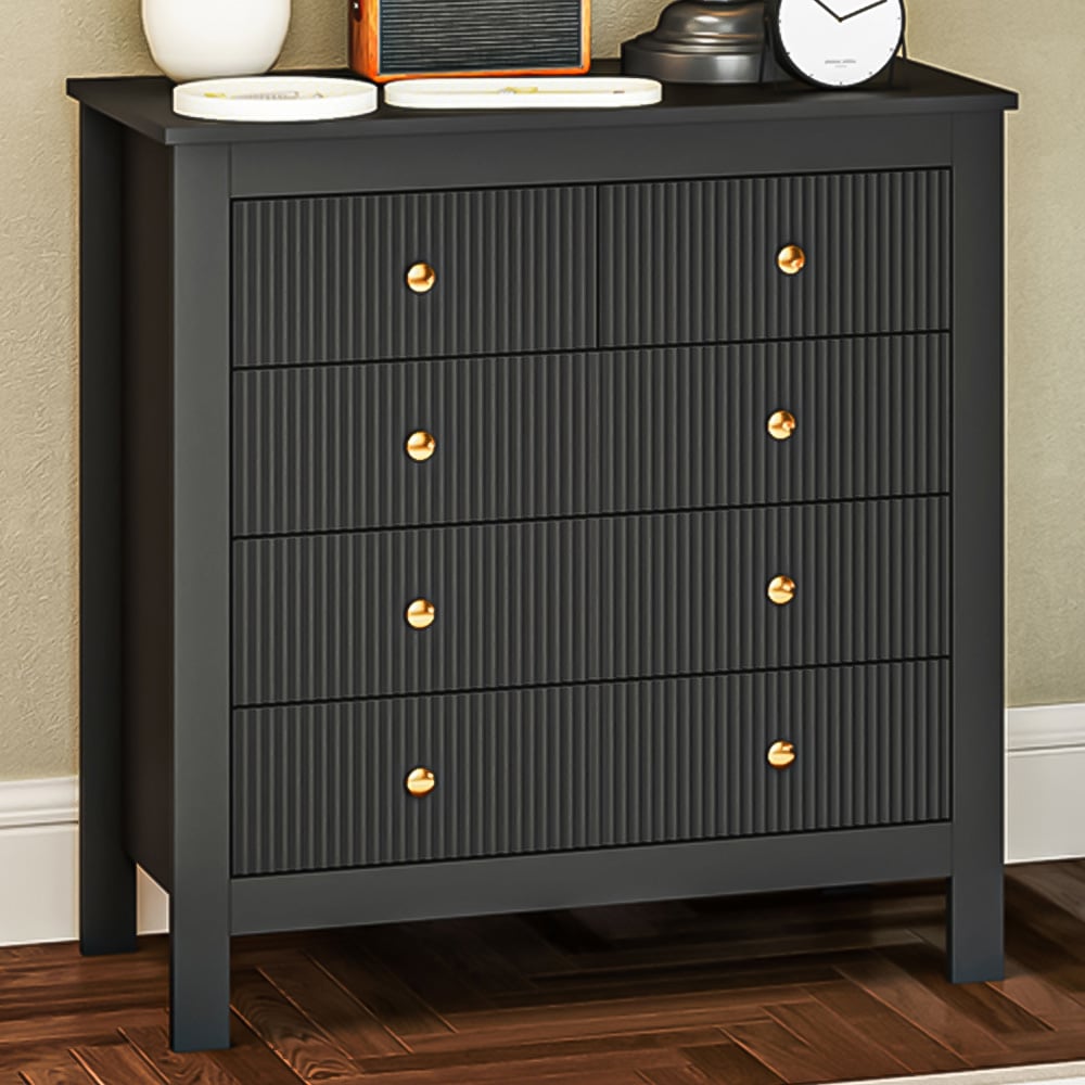 Portland 5 Drawer Black Fluted Chest of Drawers with Gold Tone Handles Image 1
