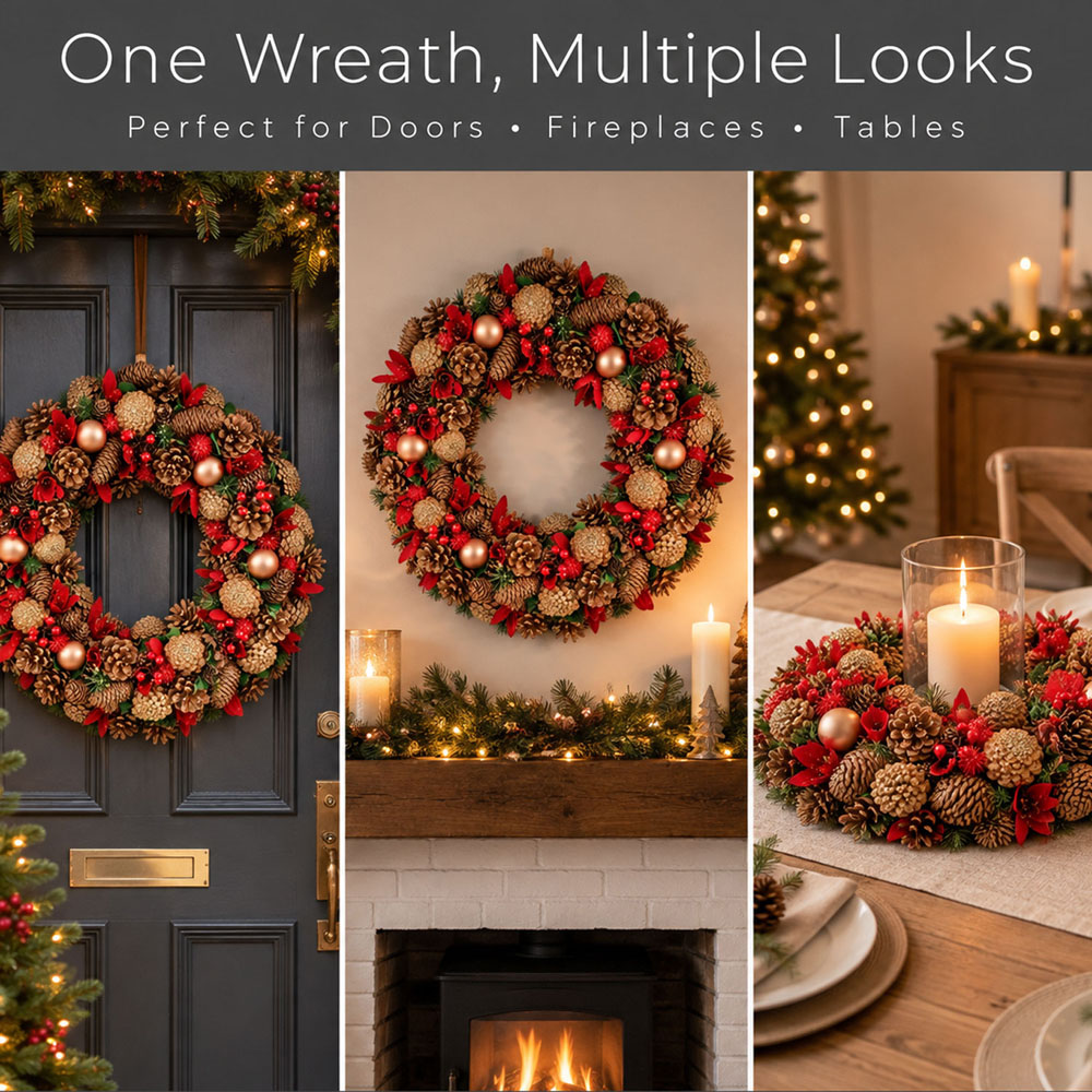 Neo Gold and Red Artificial Christmas Wreath with Berries and Pine Cones 50cm Image 6