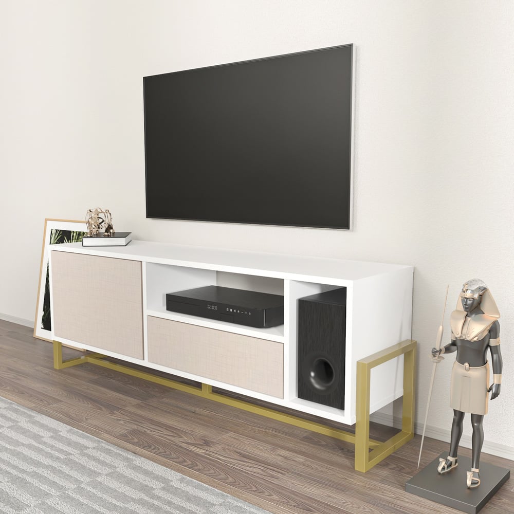 Decorotika Utopie Single Drawer Single Door 2 Shelf White and Beige TV Unit Image 8