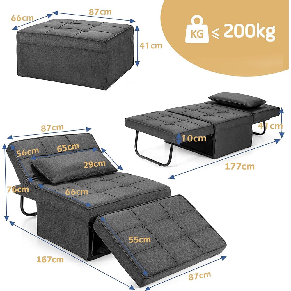 Costway Grey 4 in 1 Convertible Sofa Bed with Adjustable Backrest Image 9
