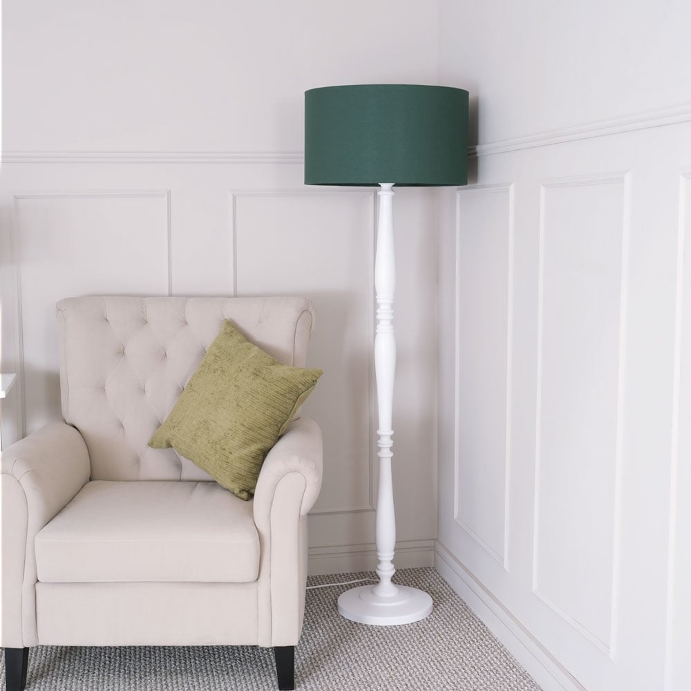 ValueLights Victoria Green Fabric Drum Shade White Wood Traditional Stem LED Floor Lamp Image 3