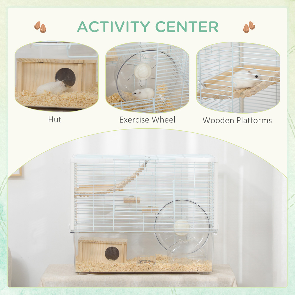PawHut White and Natural Hamster Cage with Wooden Ramp and Exercise Wheel Image 4