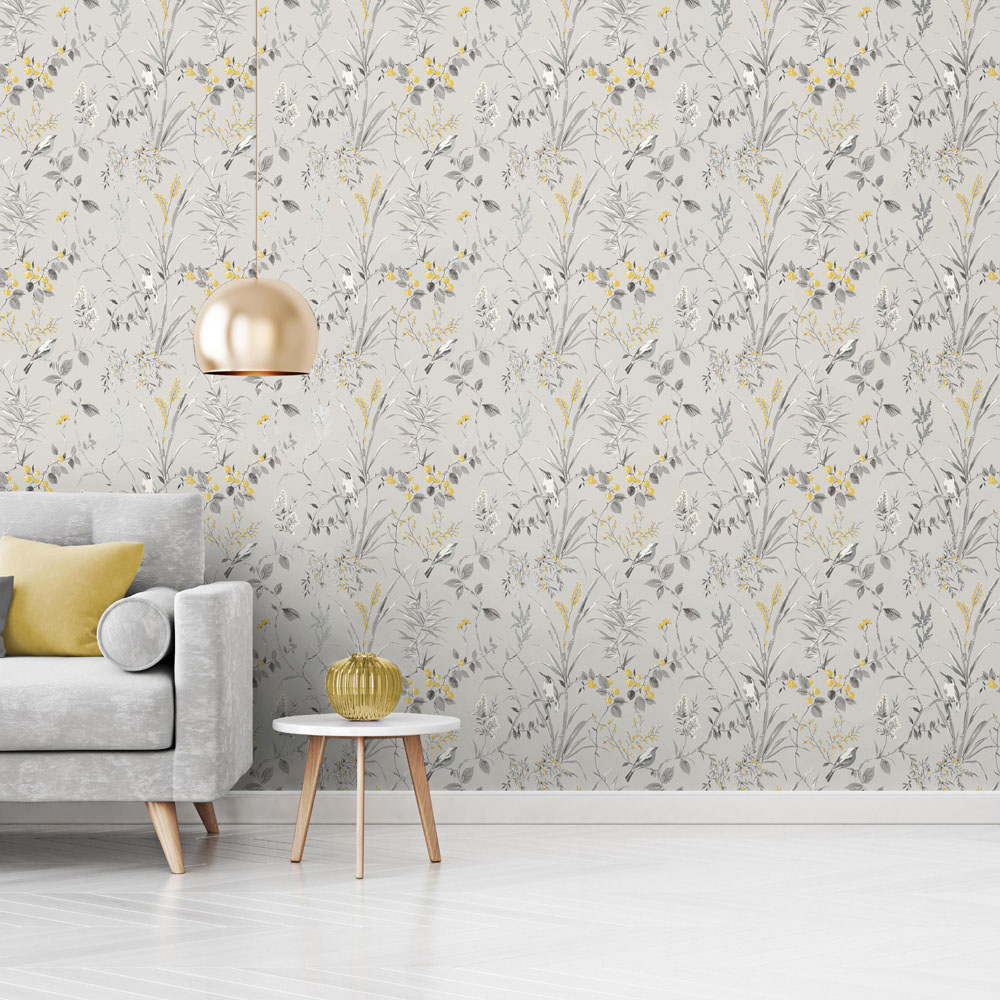 Crown Mariko Floral Grey and Yellow Wallpaper Image 4